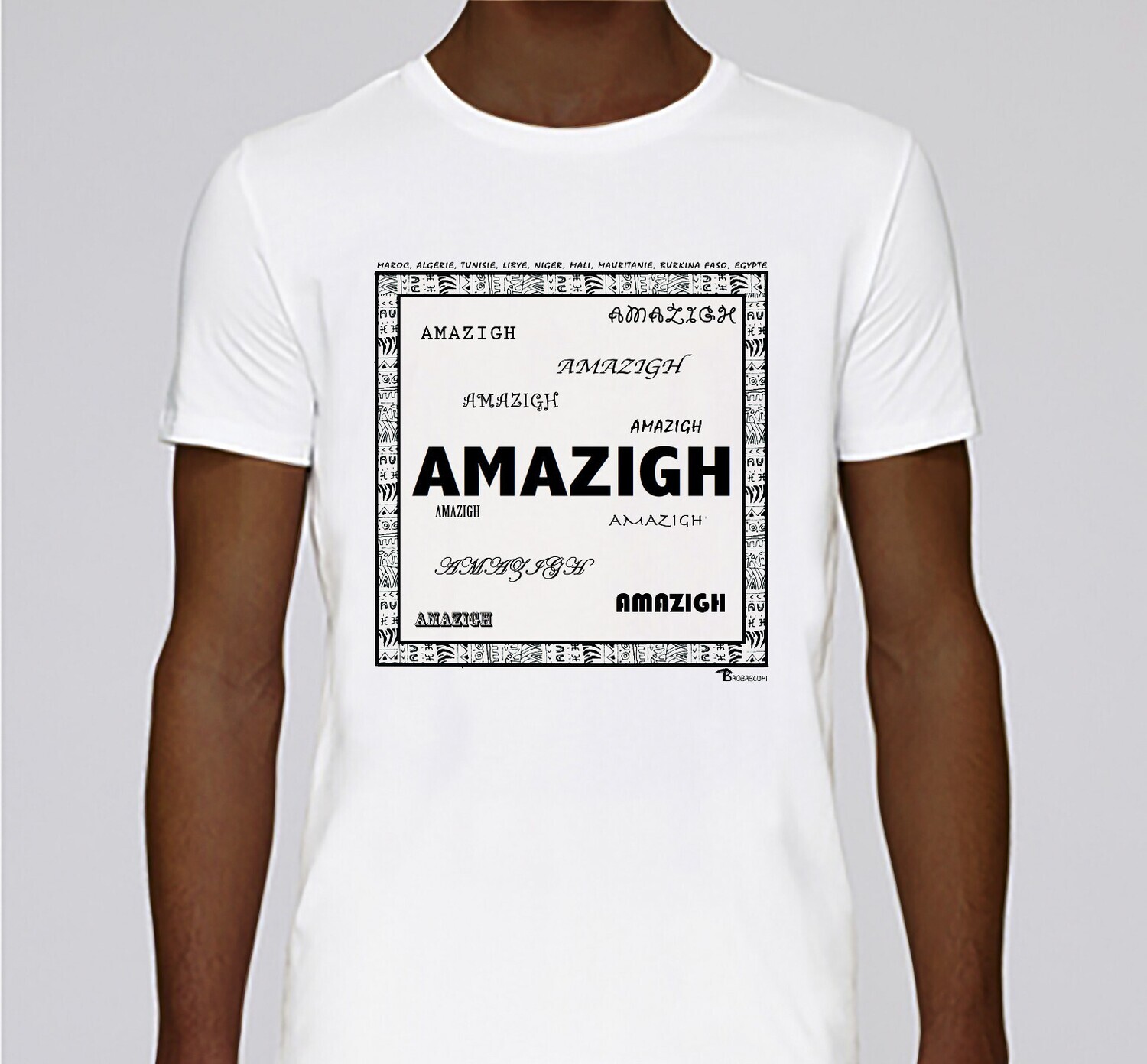 TEE SHIRT RACINE AMAZIGH, COULEUR: BLANC, FOND MOTIF: BLANC