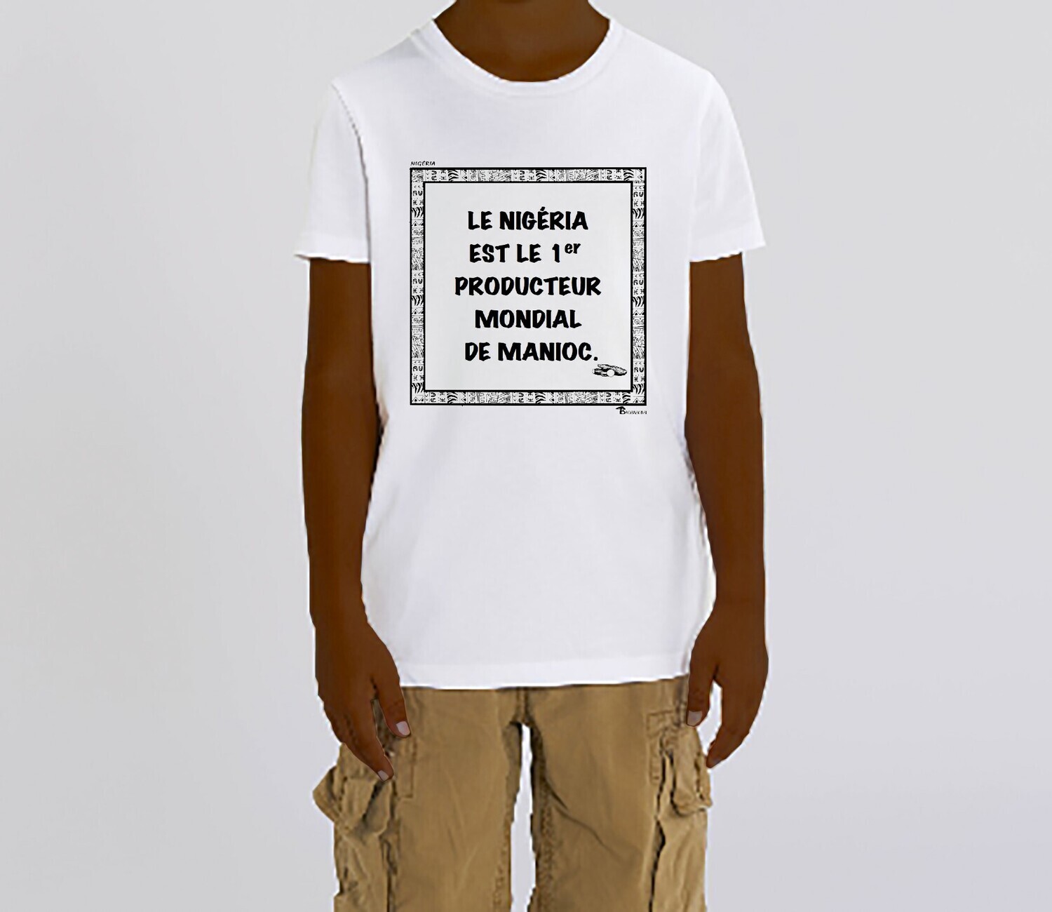 TEE SHIRT ÉCONOMIE NIGERIA MANIOC, COULEUR: BLANC, FOND MOTIF: BLANC