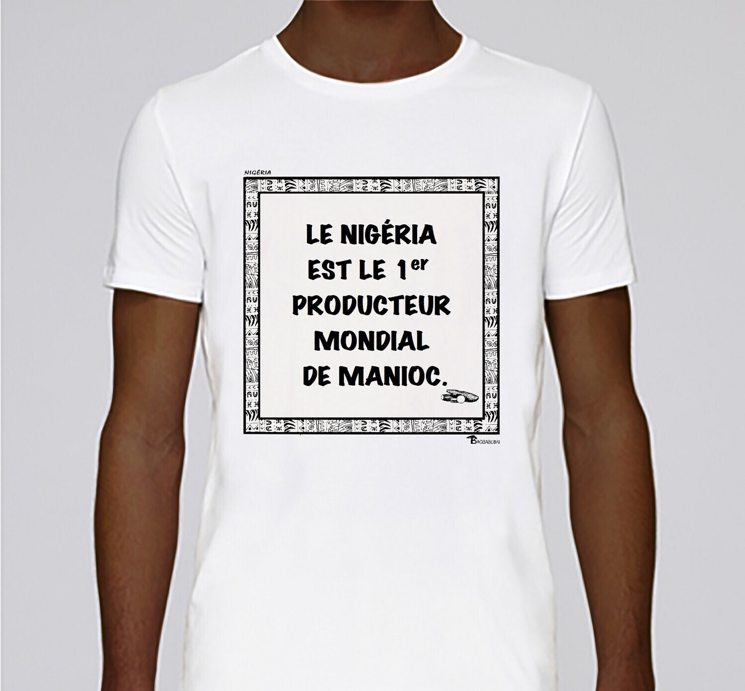 TEE SHIRT ÉCONOMIE NIGERIA MANIOC, COULEUR: BLANC, FOND MOTIF: BLANC
