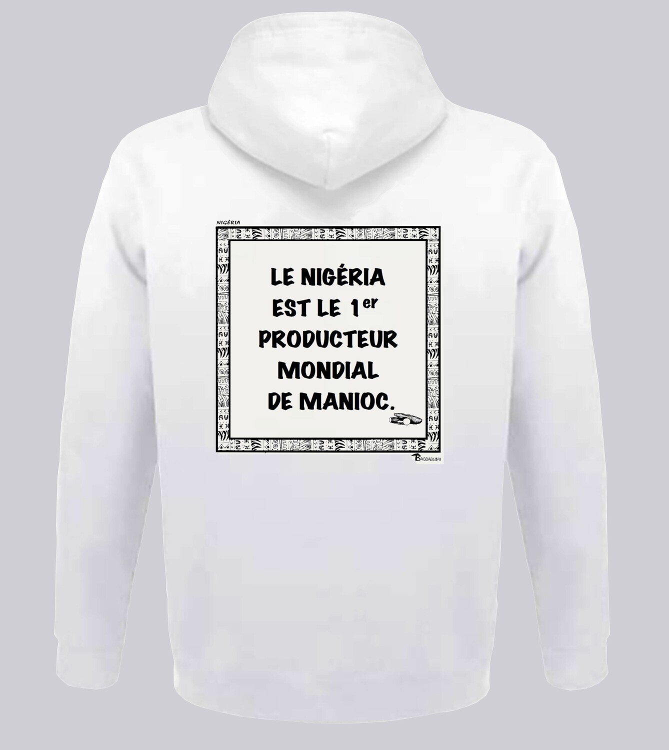 SWEAT A CAPUCHE ÉCONOMIE NIGERIA MANIOC, COULEUR: BLANC, FOND MOTIF: BLANC