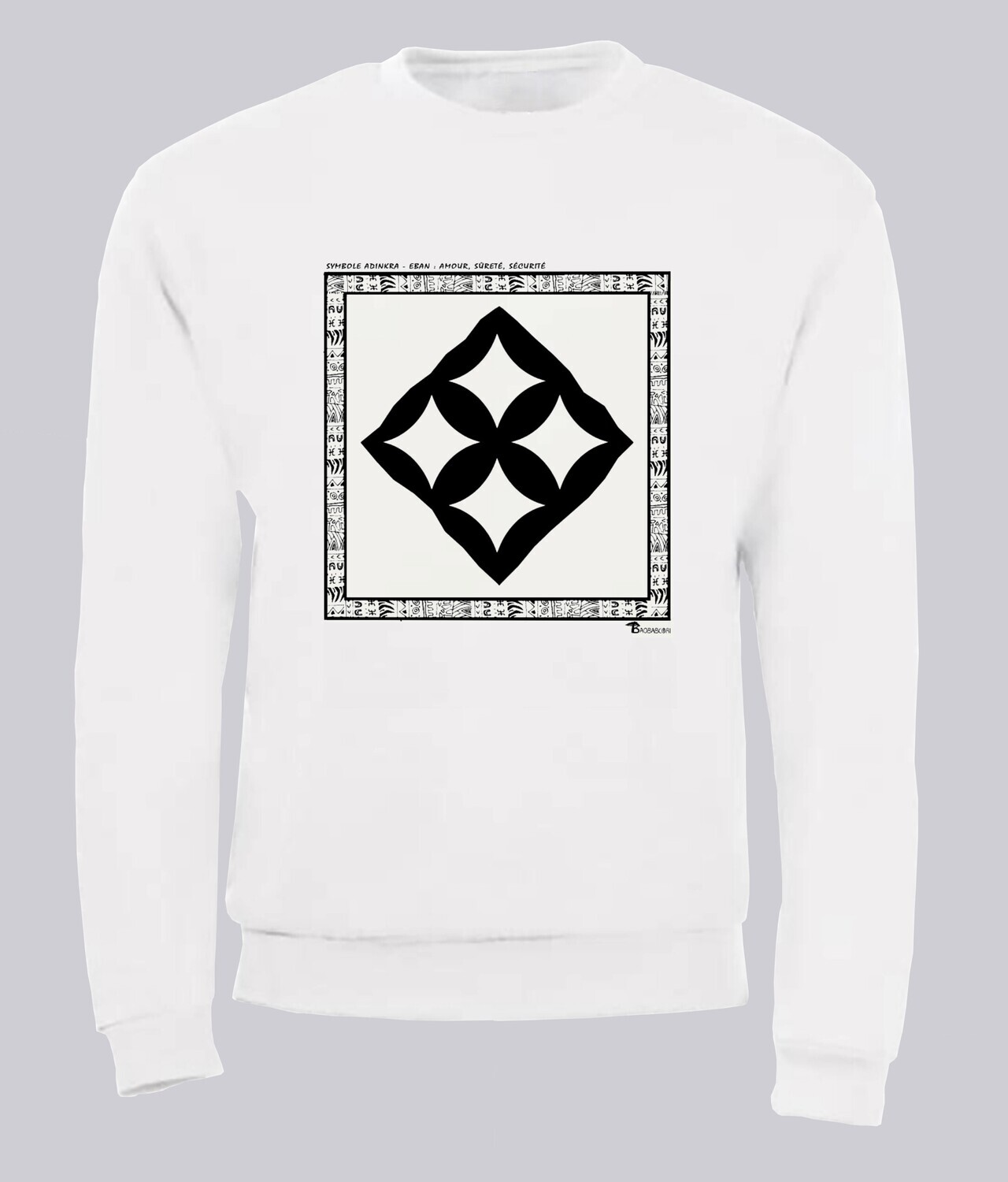SWEAT SYMBOLE ADINKRA  "EBAN"  AMOUR - SURETE - SECURITE, COULEUR: BLANC, FOND MOTIF: BLANC