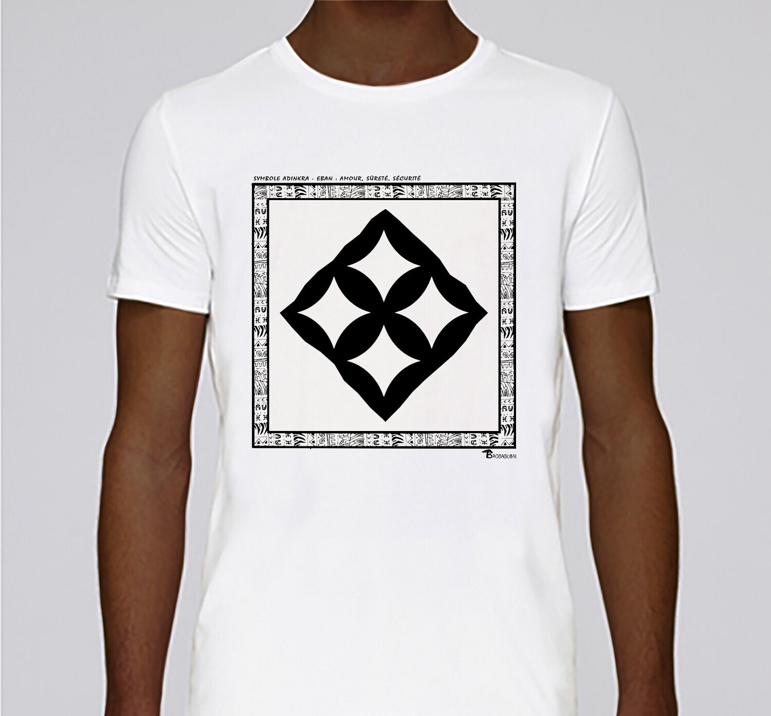 TEE SHIRT SYMBOLE ADINKRA  "EBAN"  AMOUR - SURETE - SECURITE, COULEUR: BLANC, FOND MOTIF: BLANC