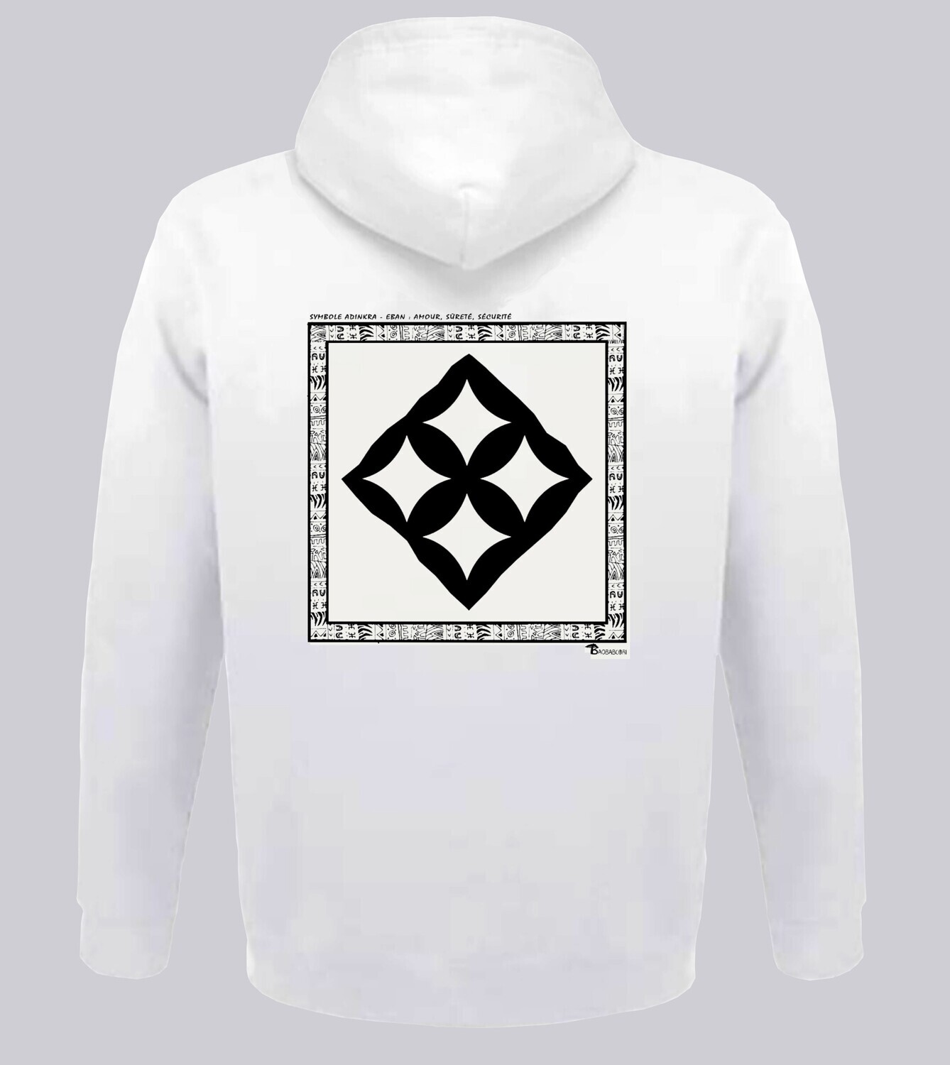 SWEAT A CAPUCHE SYMBOLE ADINKRA "EBAN"  AMOUR - SURETE - SECURITE, COULEUR: BLANC, FOND MOTIF: BLANC