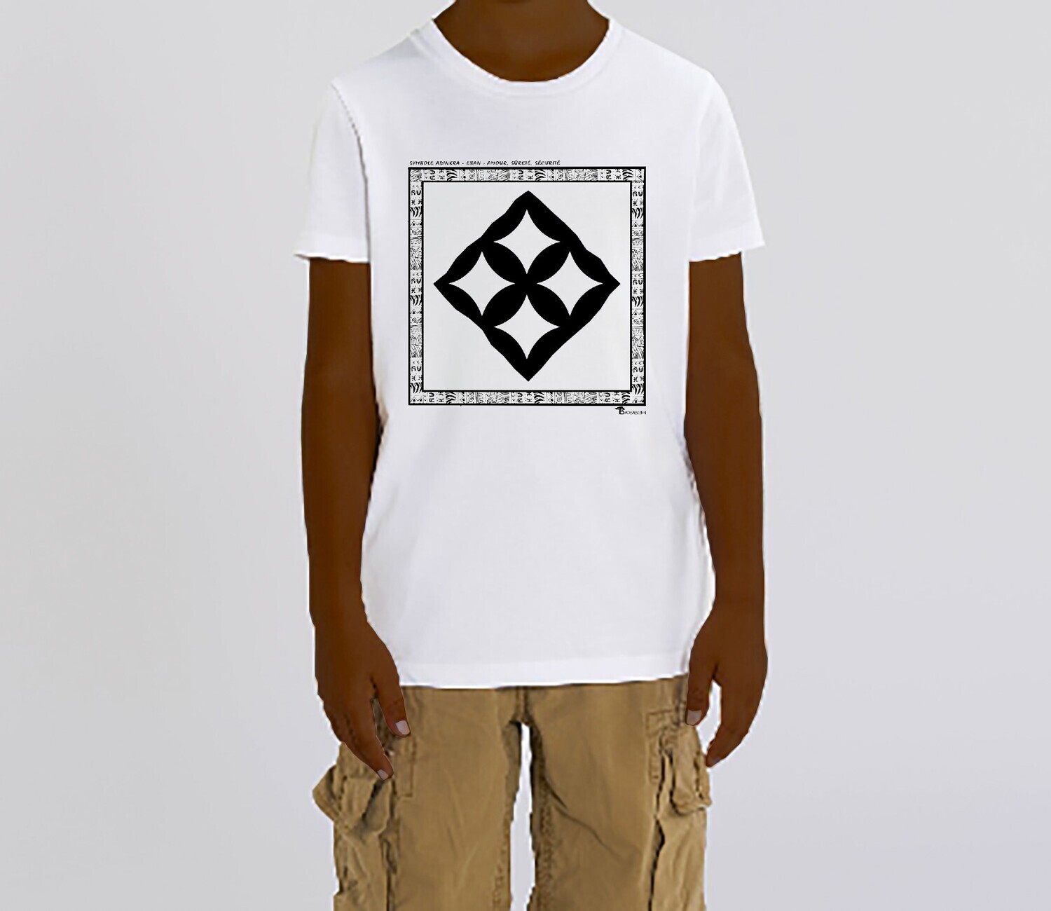 TEE SHIRT SYMBOLE ADINKRA  "EBAN"  AMOUR - SURETE - SECURITE, COULEUR: BLANC, FOND MOTIF: BLANC