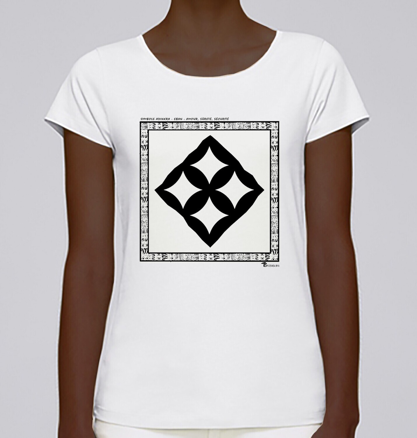 TEE SHIRT SYMBOLE ADINKRA "EBAN"  AMOUR - SURETE - SECURITE, COULEUR: BLANC, FOND MOTIF: BLANC