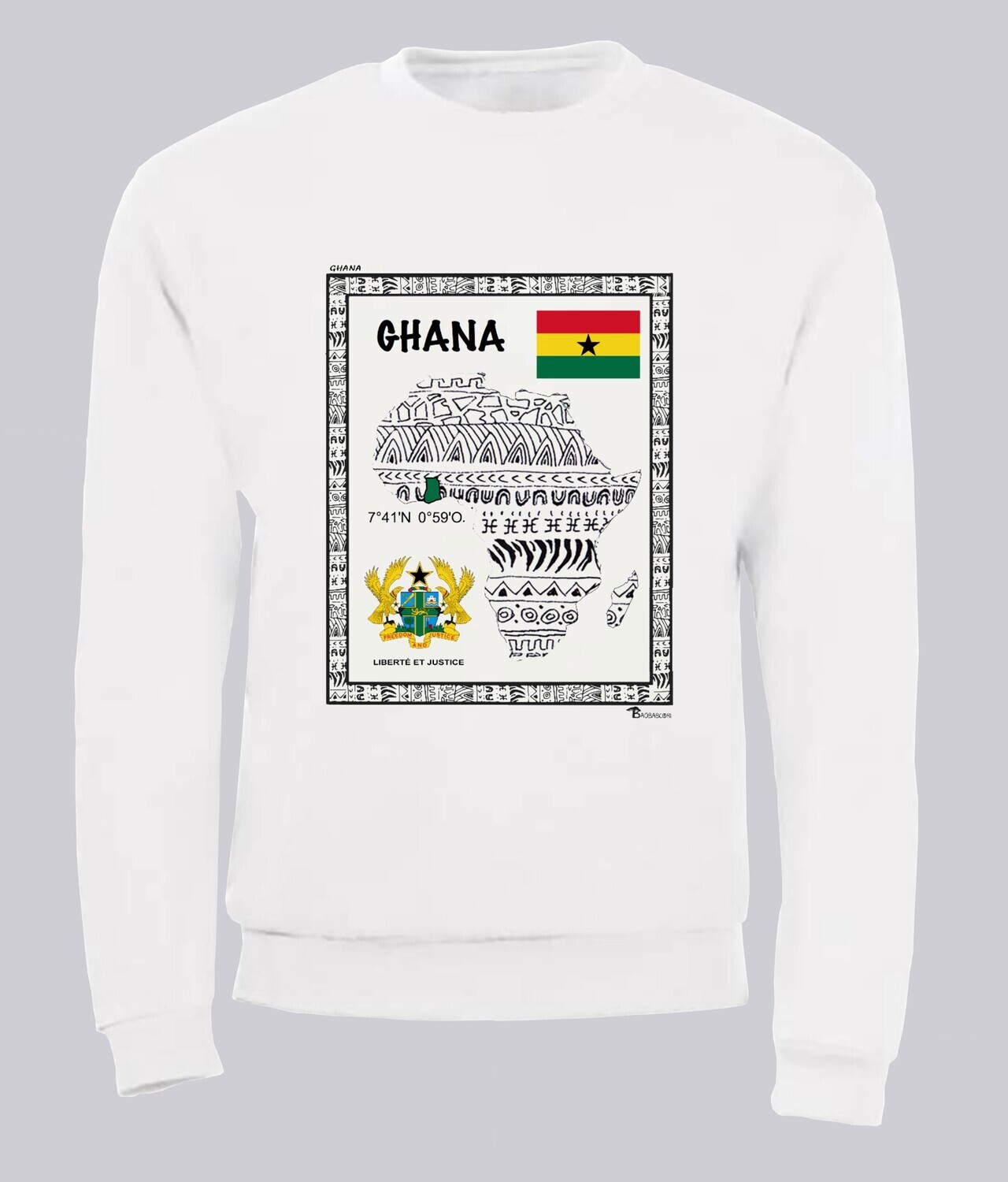 SWEAT PAYS GHANA, COULEUR: BLANC, FOND MOTIF: BLANC