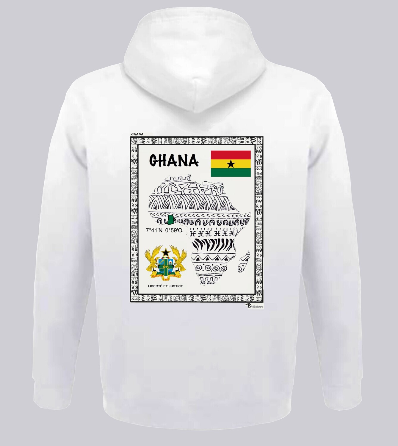 SWEAT A CAPUCHE PAYS GHANA, COULEUR: BLANC, FOND MOTIF: BLANC