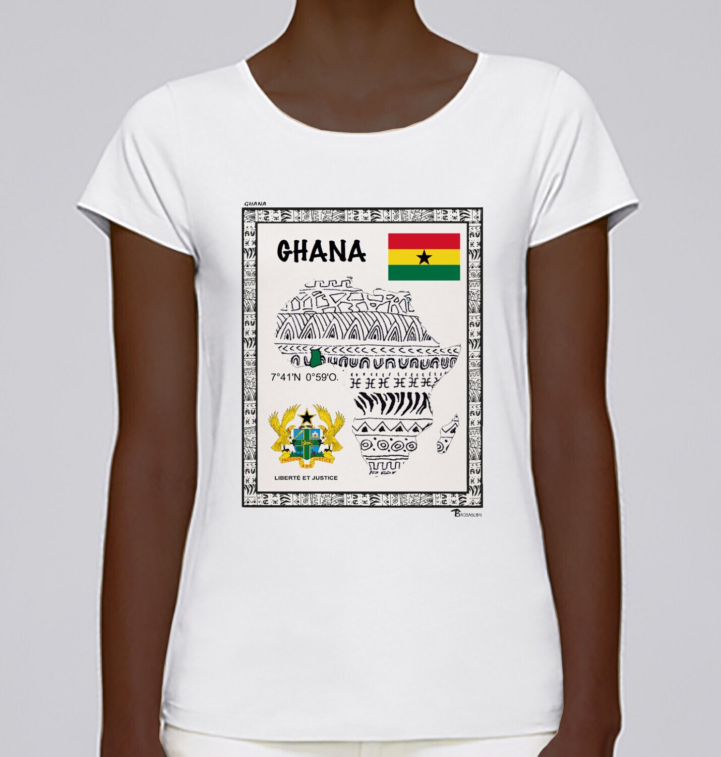 TEE SHIRT PAYS GHANA, COULEUR: BLANC, FOND MOTIF: BLANC