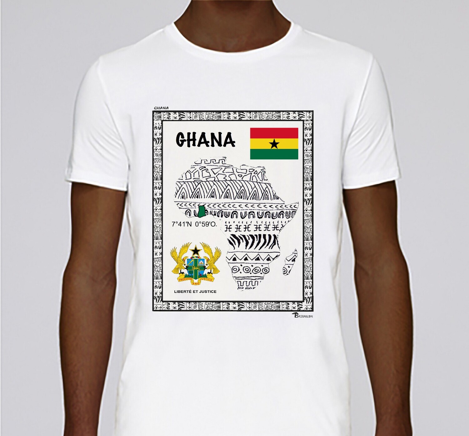 TEE SHIRT PAYS GHANA, COULEUR: BLANC, FOND MOTIF: BLANC