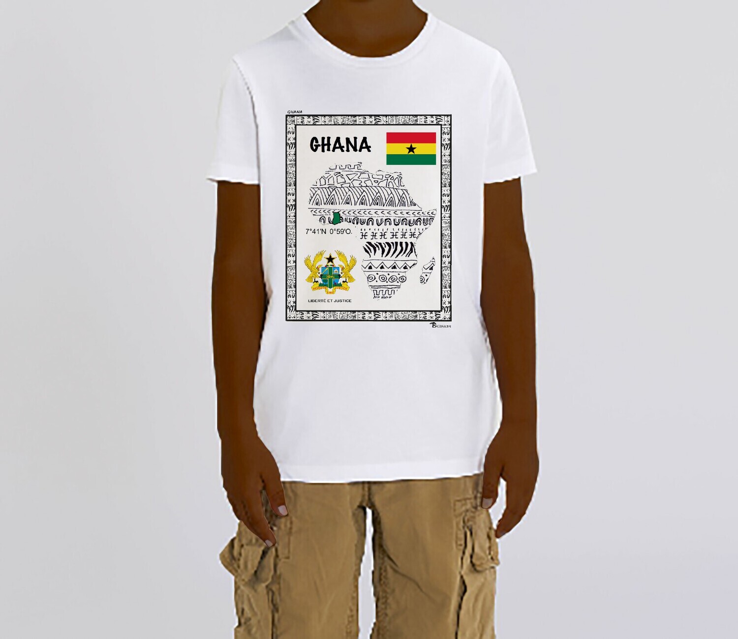TEE SHIRT PAYS GHANA, COULEUR: BLANC, FOND MOTIF: BLANC