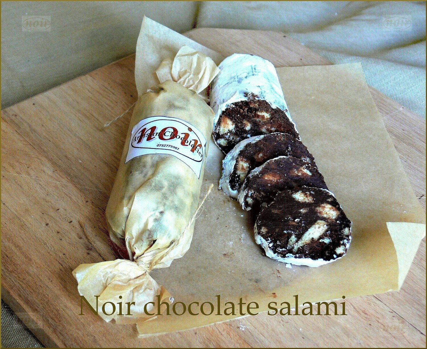 Discover the irresistible charm of Noir Chocolates SA&#39;s sought-after signature chocolate salami, meticulously crafted fresh with smooth Belgian chocolate containing a blend of 55% and 71% cocoa mass.