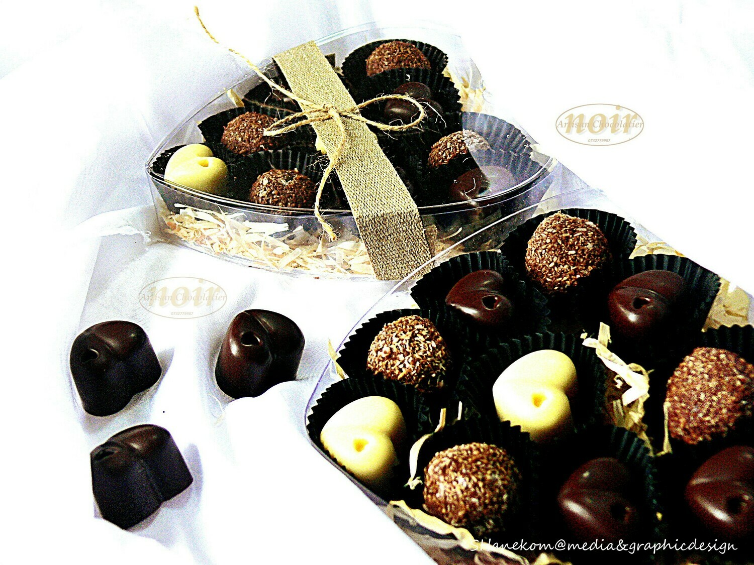Beautiful 16 chocolates/truffles mix. gold base heart shaped chocolates/truffles Noir gift box. 3 in stock.