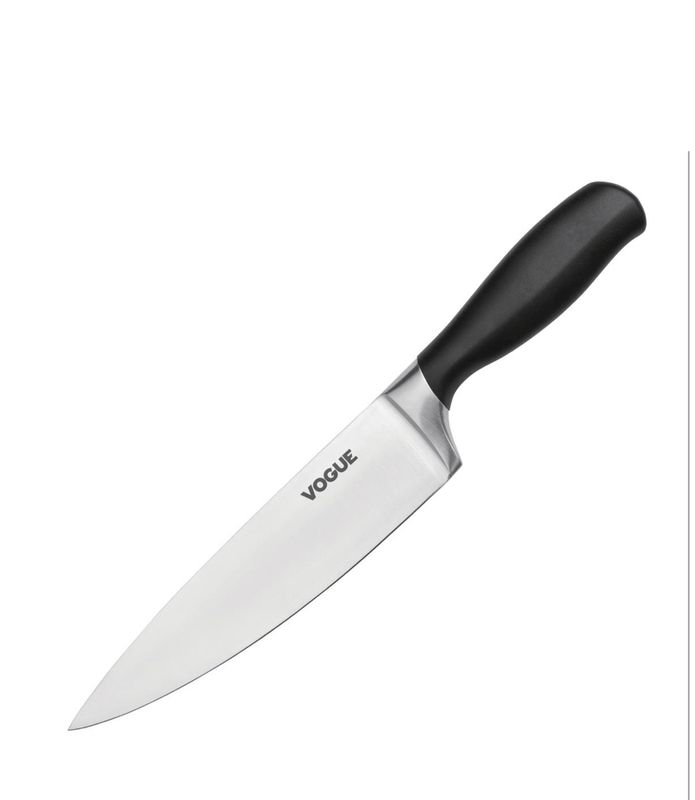 Two chef knives and a sharpener