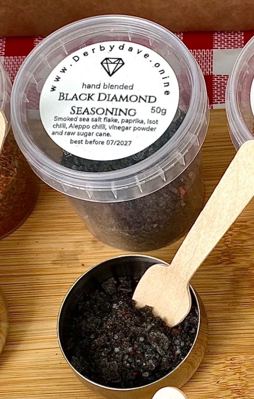 Black diamond seasoning for burgers, wedges, fries and fish. A flavour bomb in a pot.