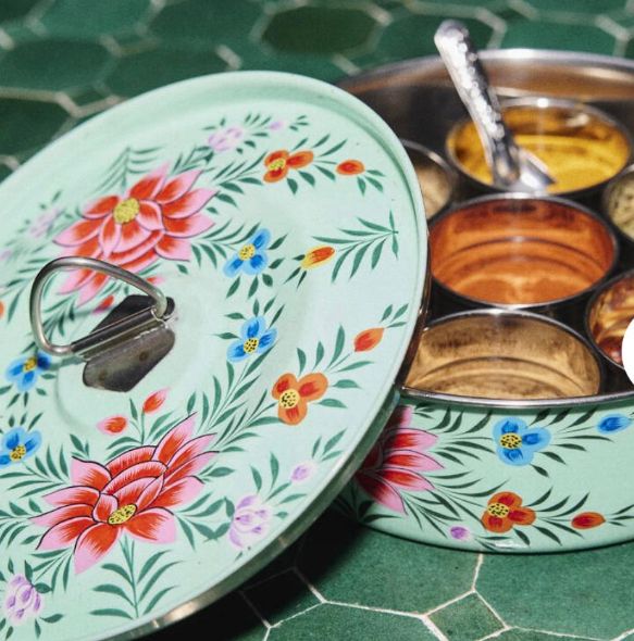 Hand painted masala dabba each one unique with spices too, hand packed on the day of posting.