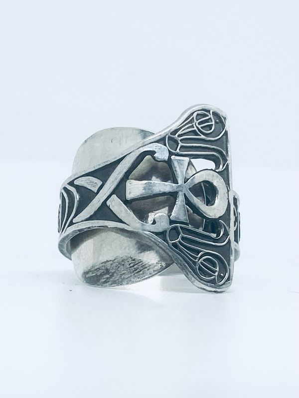 Anello INTERO CUCCHIAINO ANKH e SCARABEI  antica posata in ARGENTO