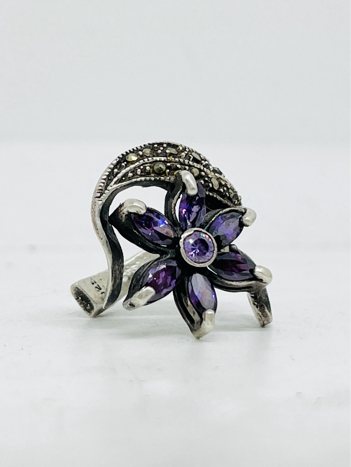 Anello SPILLA FIORE DI AMETISTE e MARCASSITI antica spilla argento 925