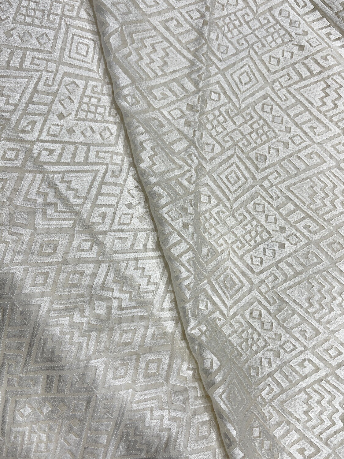 White Geometric Lucknowi Fabric