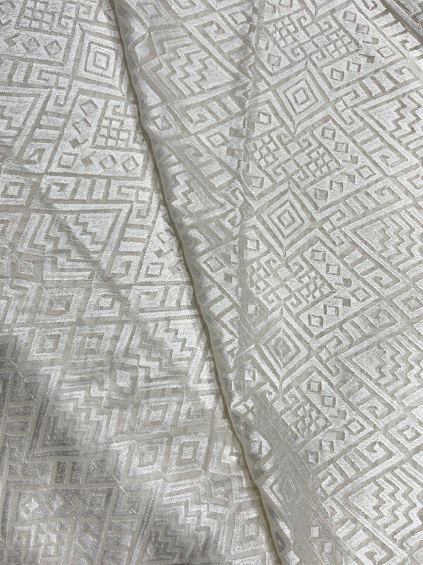 White Geometric Lucknowi Fabric