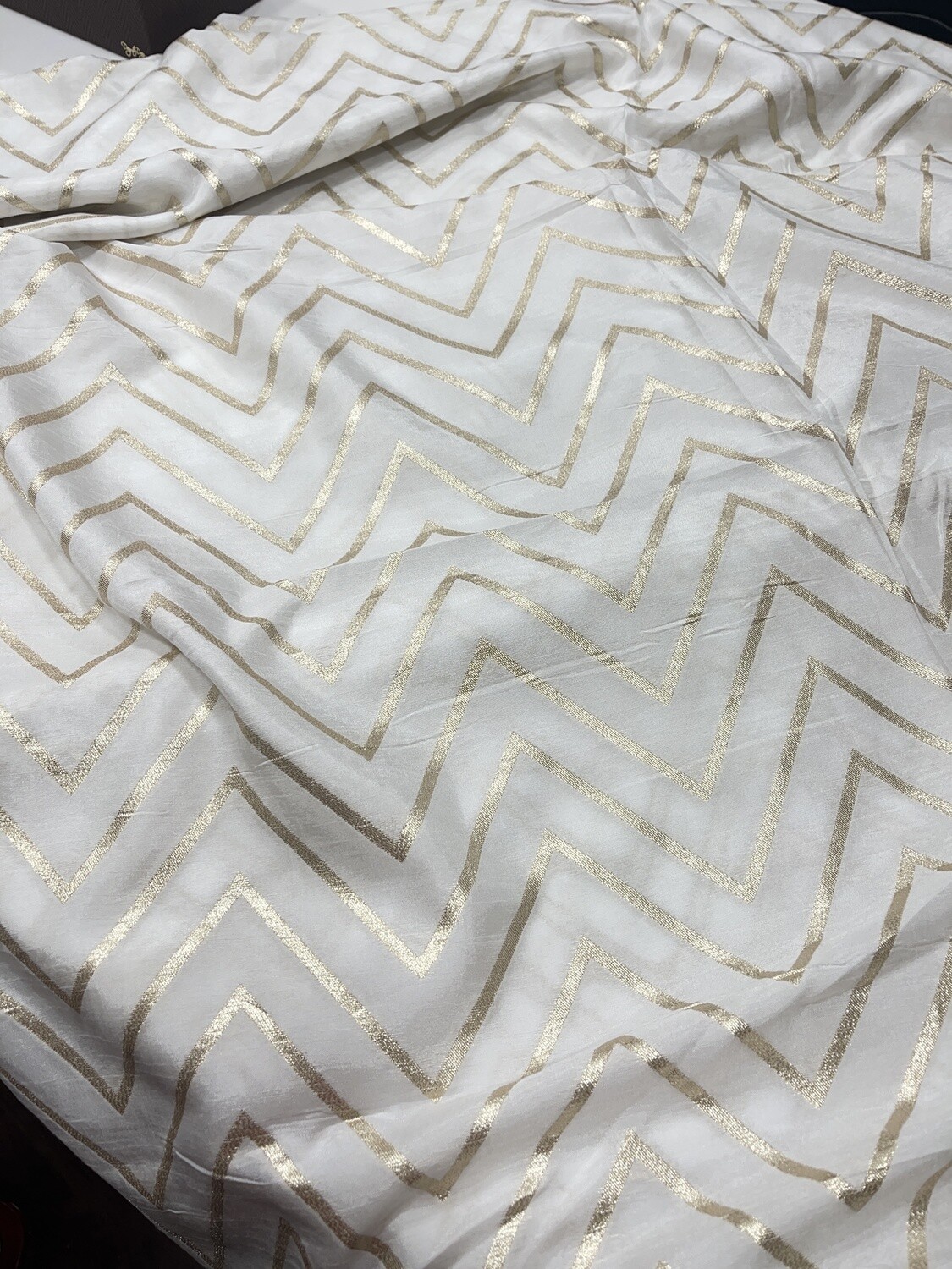 White &amp; Gold Zig Zag Work Fabric