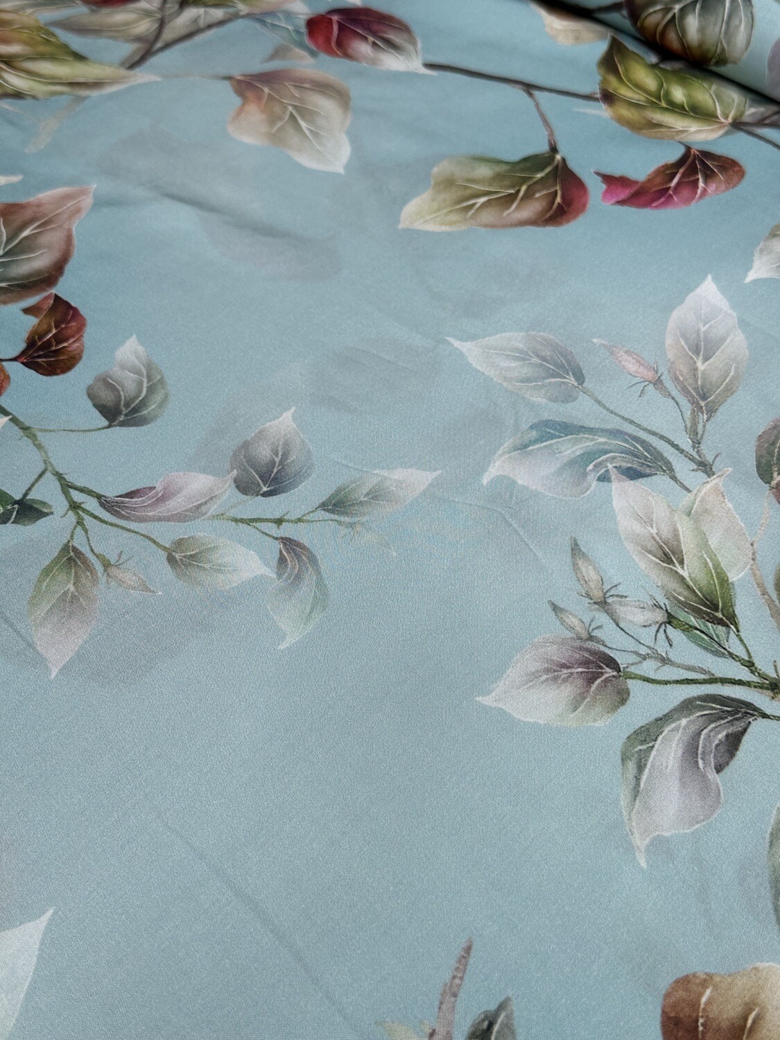 Sky Blue Leaf Printed Fabric