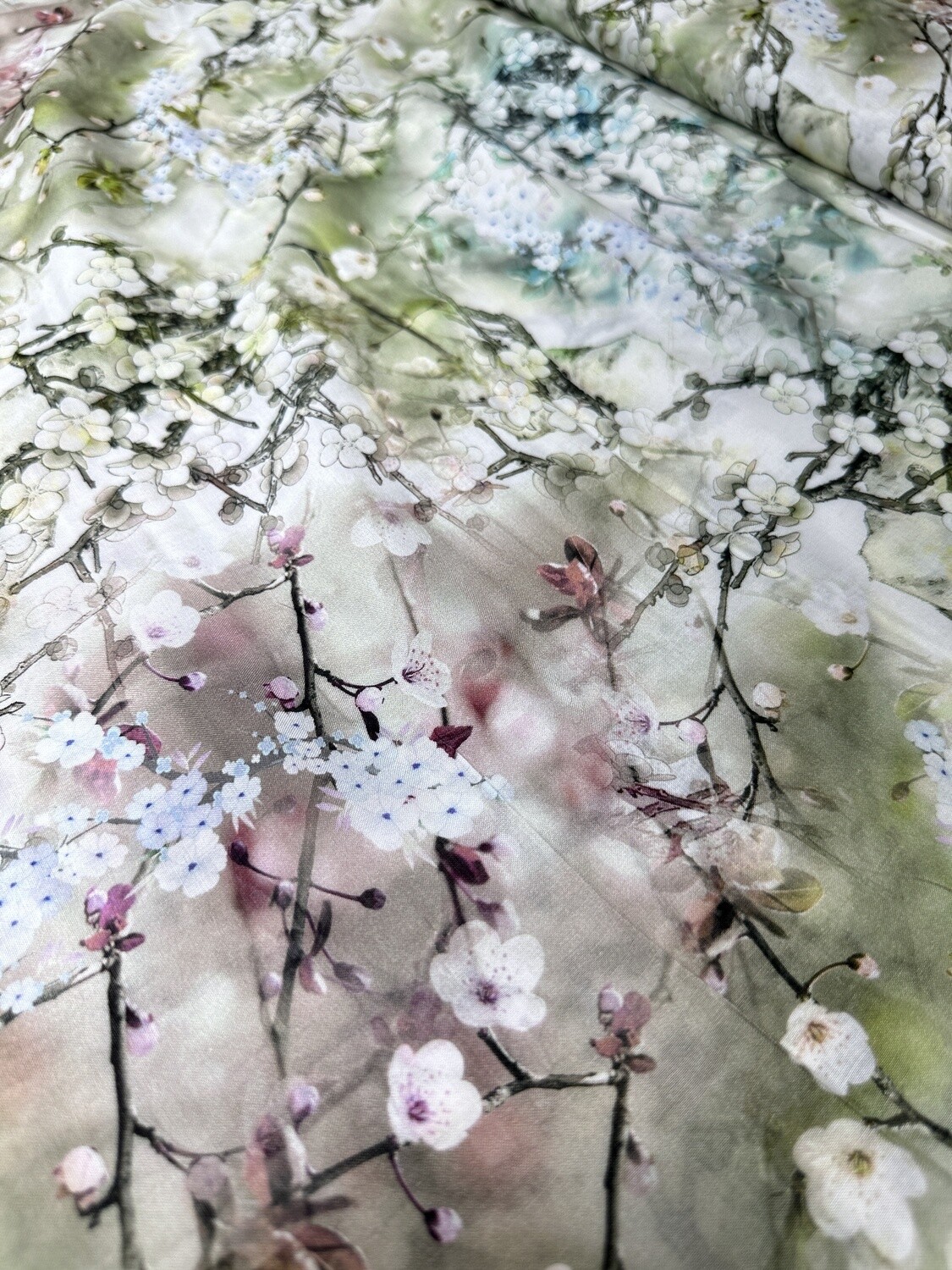 Grass Green White Flower Printed Fabric