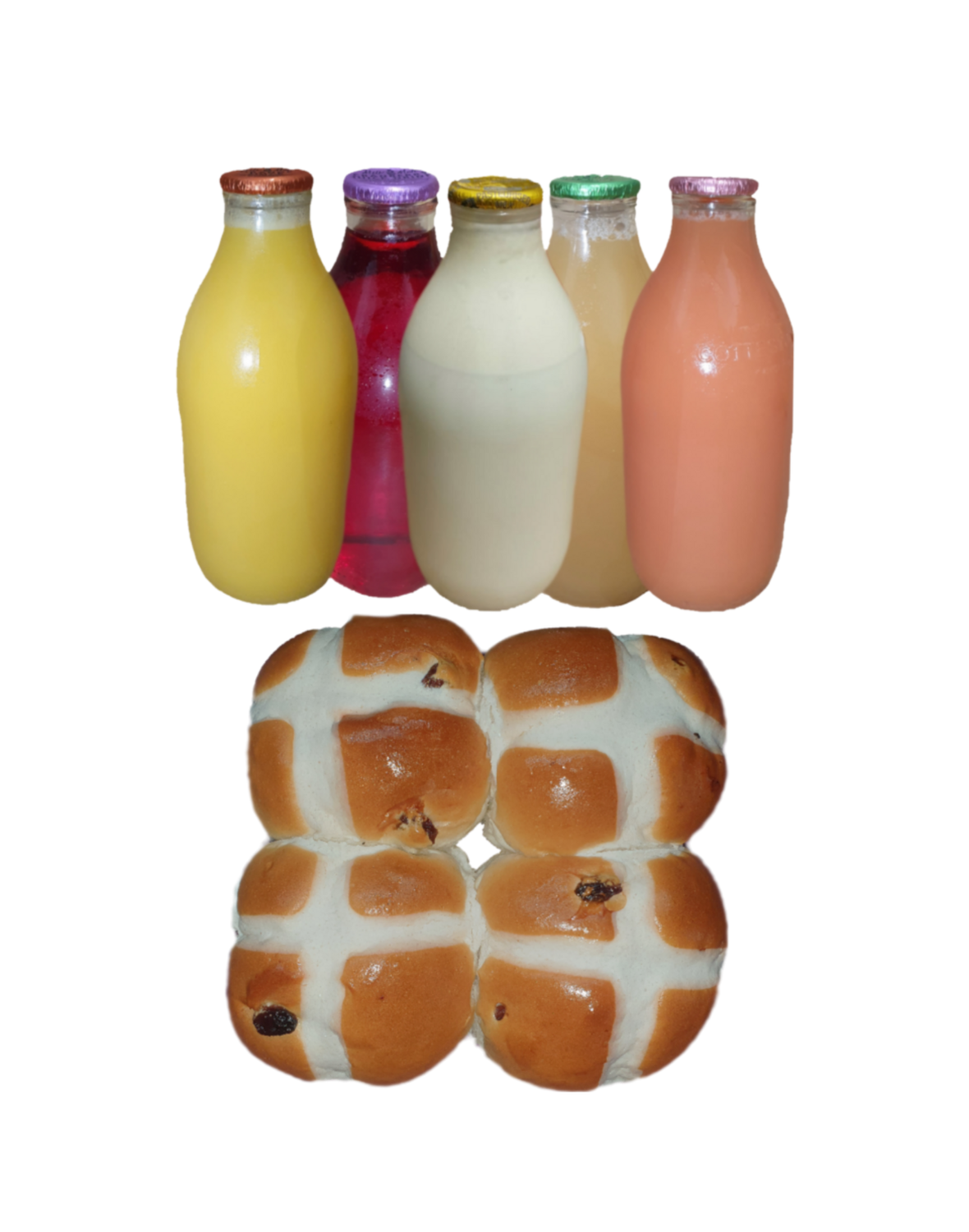 Hot cross buns, juice + milk bundle (35p saved)