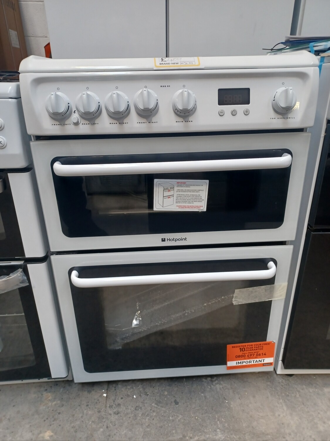Hotpoint HAG60P 60cm Gas Double Oven Cooker in White  Brand New + 10 Years Parts & 1 Year Labour Guarantee