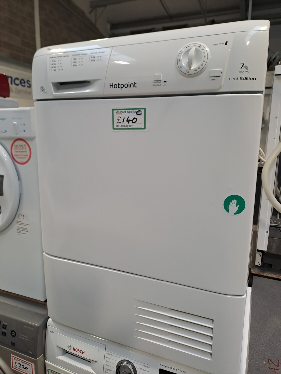 Hotpoint FETC70 7kg Condenser White H85 W60 D62 Refurbished 6 Months Guarantee. This item is located at our Whitby Road Shop