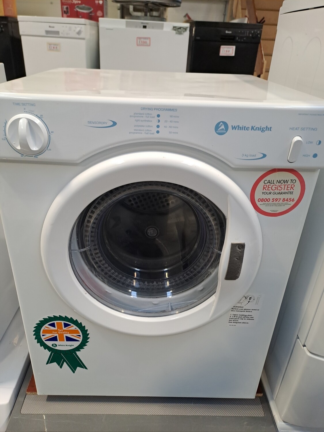 White Knight C372WV 3KG Compact Tumble Dryer White Refurbished H67cm
W49cm
D48cm 6 Months Guarantee
