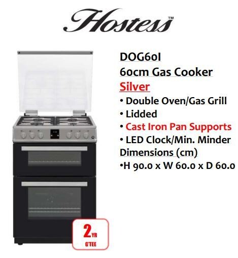 Hostess DOG60I 60cm Double oven with Glass Lid Freestanding Gas Cooker Silver Brand New,This item is located in our Whitby Road shop