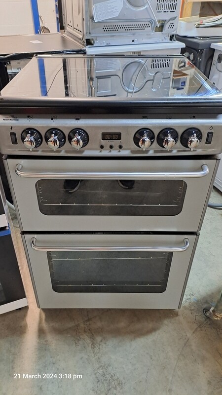 New World 600TSIDLm 60cm Twin Cavity Freestanding Gas Cooker with Glass Lid Silver Grey