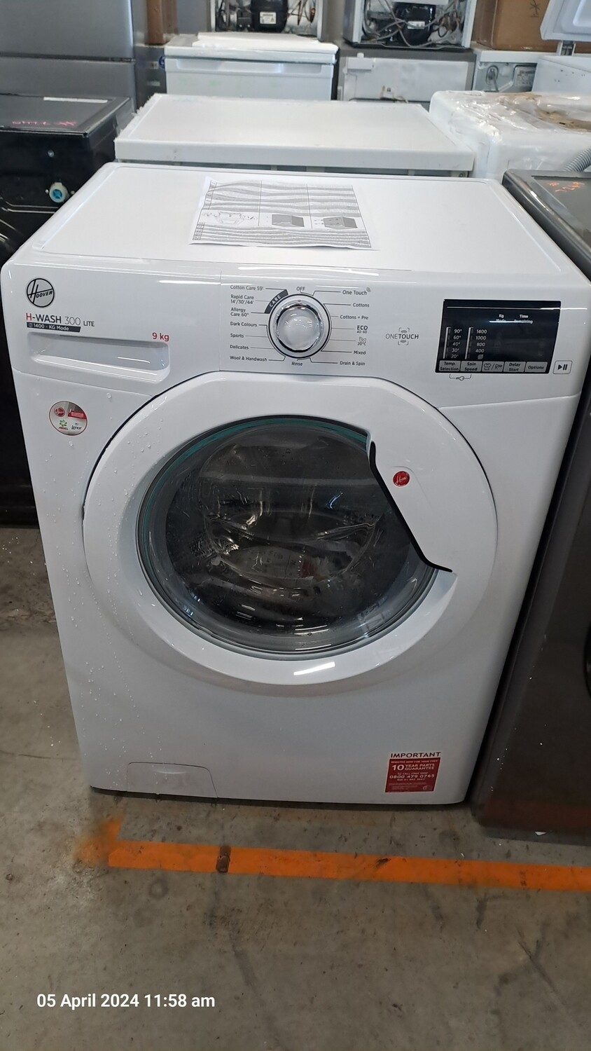 Hoover H3W492DE-80 H-Wash 9kg Load 1400 Spin Washing Machine White Brand New out of box W60cm D53cm H85cm