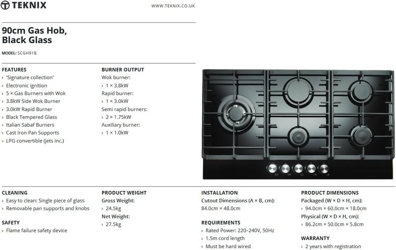#Teknix SCGH91B Gas Hob 90cm Black Brand New