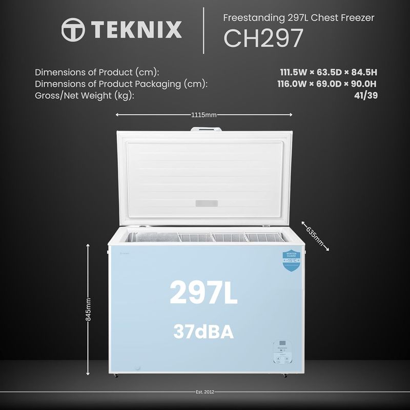 #Teknix CH297 297L Chest Freezer W111.4cm D63.0cm H89.4cm White  - Brand New