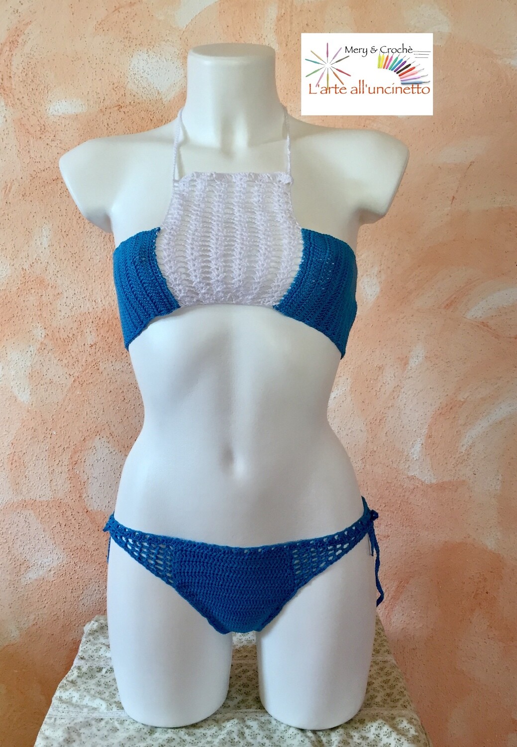 Costume da bagno donna 2 pezzi, taglia S-M bianco/azzurro