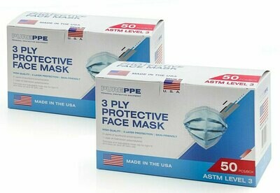 100 3 Ply Disposable Face Masks (2 Boxes of 50) ASTM Level 3 USA MADE 100 3 Ply Disposable Face Masks (2 Boxes of 50) ASTM Level 3 USA MADE