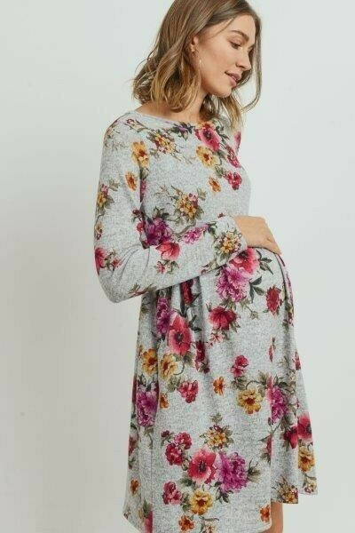 Grey/Floral L/S Dress w/pocket HM