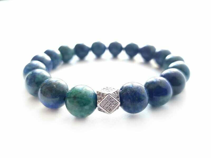 Unisex Chrysocolla bracelet with silver tone hexagon zirconia charm