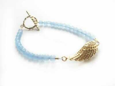 Aqua Chalcedony bracelet with gold plated angel wing charm
