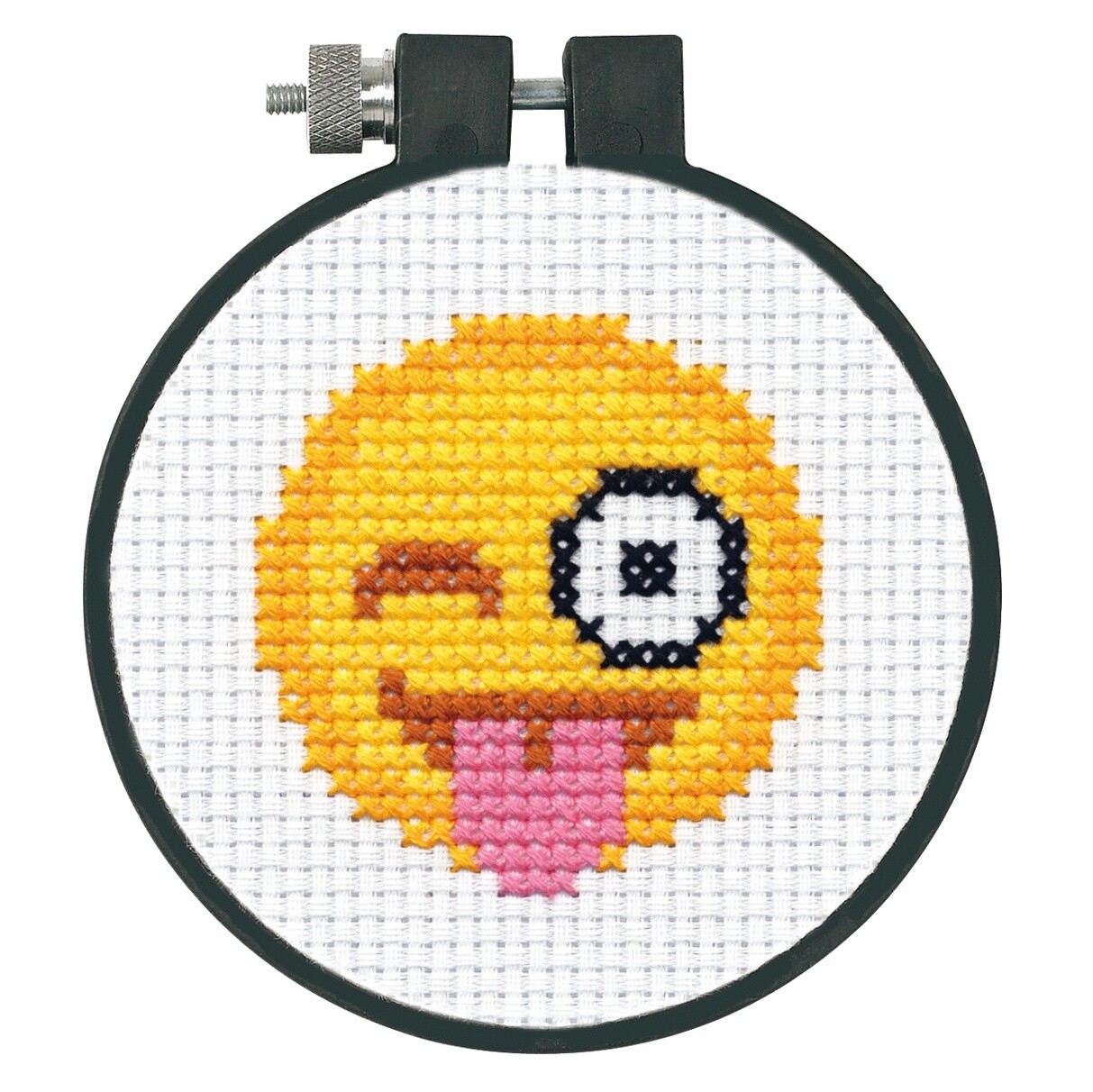 Counted Cross Stitch Kit with Hoop: Tongue Out Emoji