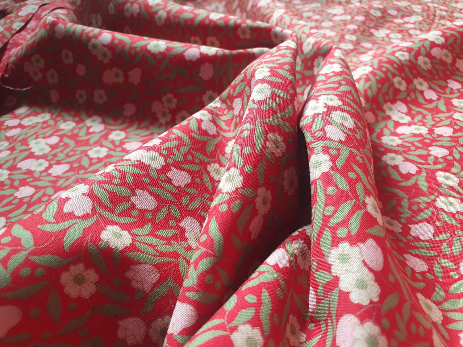 Cotton Poplin - Tiny Pink Flowers on red