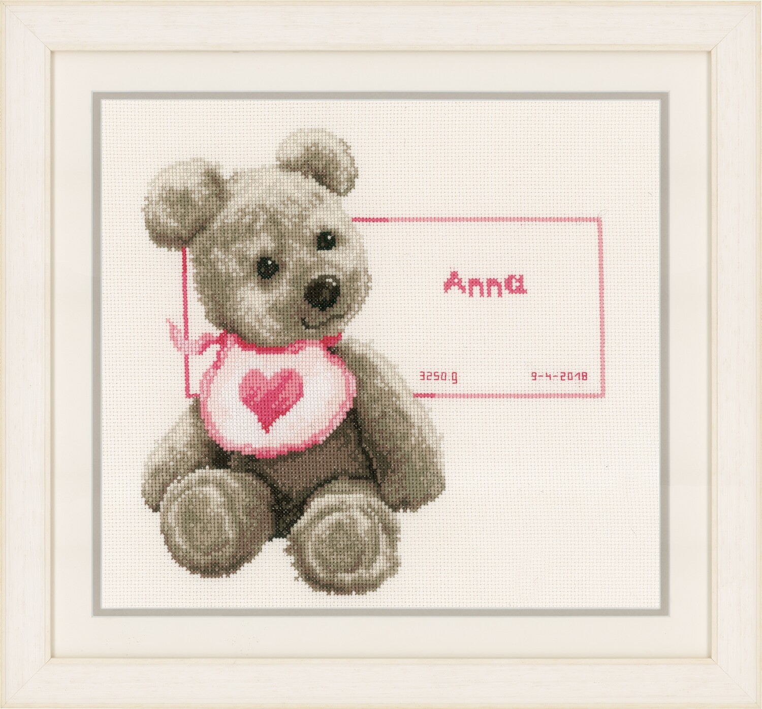 Counted Cross Stitch Kit: Birth Record: Bear with Bib - Cream Aida