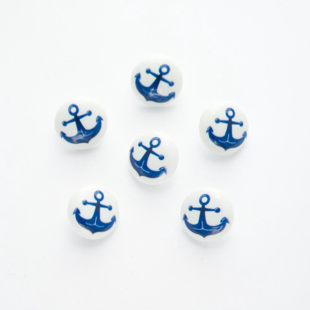 Button: Blue Anchor on White: Shank 15mm