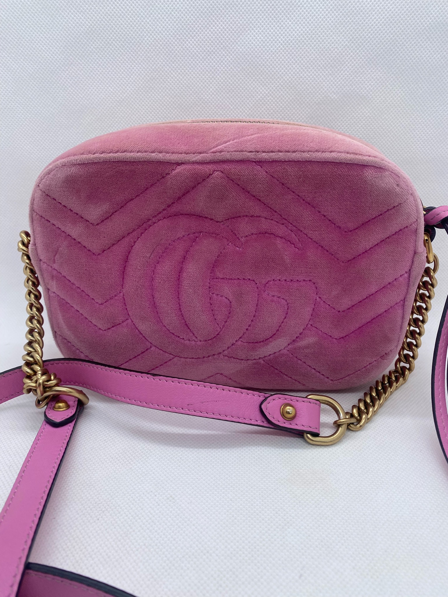Gucci GG Marmont Matelasse Velvet Small Pink in Velvet with Gold-tone - US