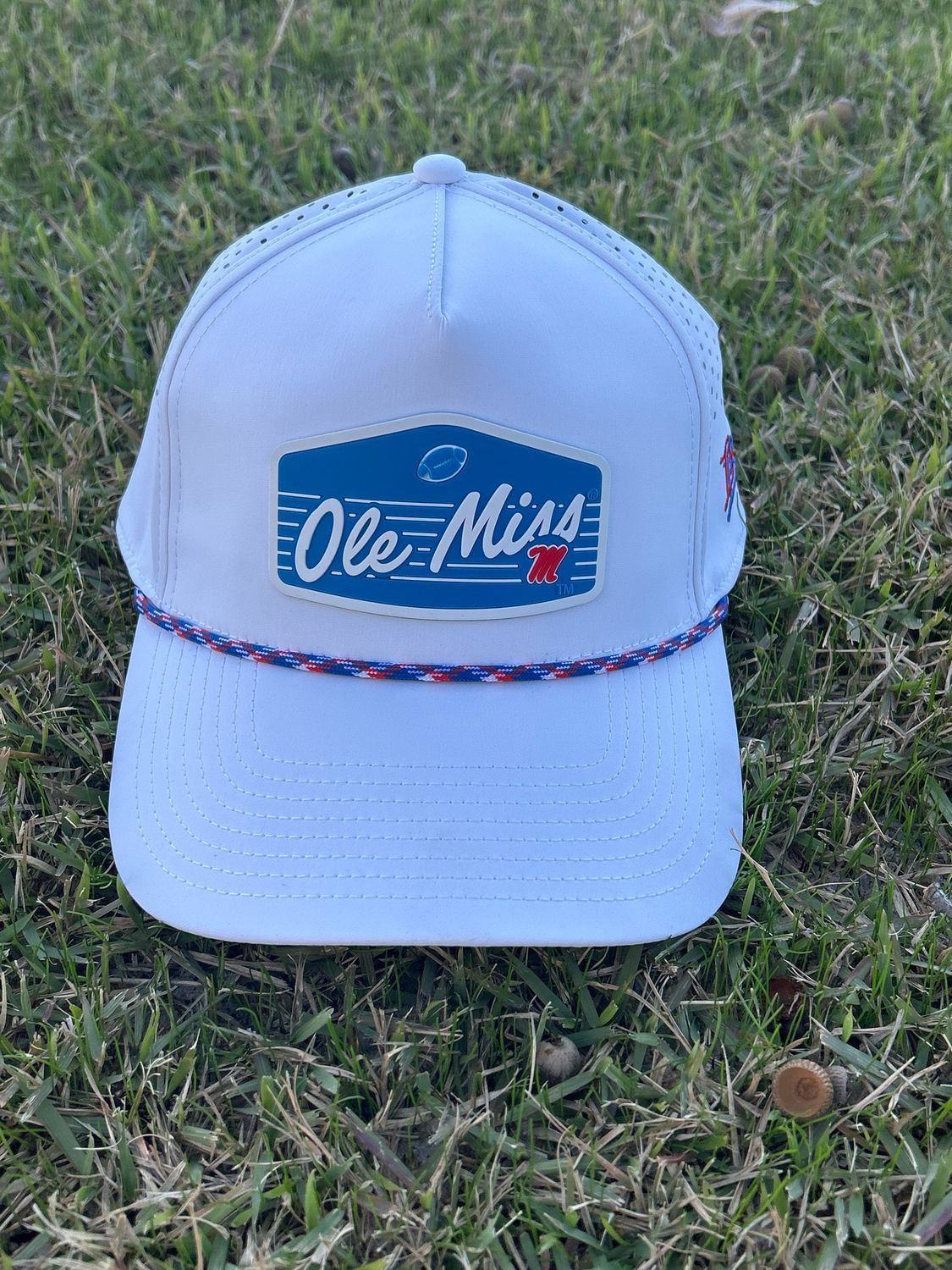 Branded Bills Curved 5 Panel Rope Hat White "Rebel Football"