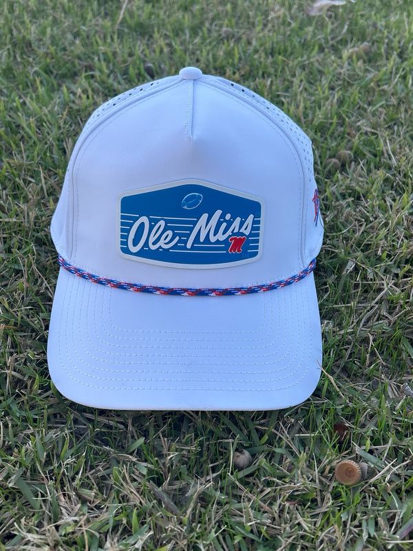 Branded Bills Curved 5 Panel Rope Hat White "Rebel Football"