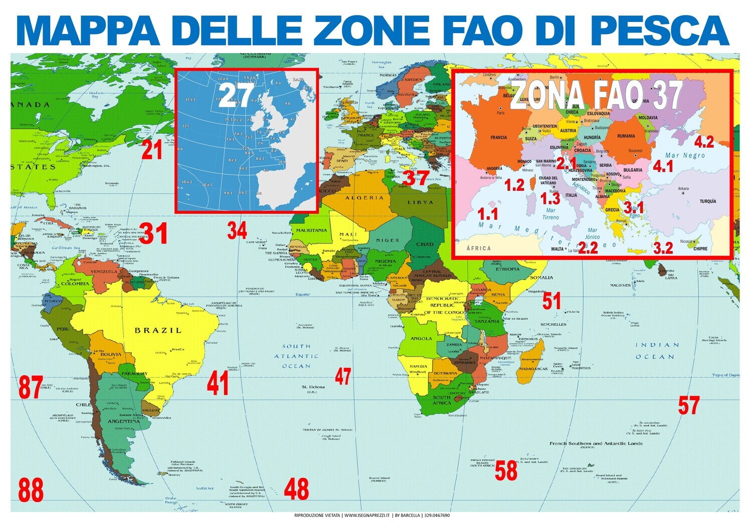 POSTER PESCHERIA&quot;MAPPA ZONE FAO&quot; IN PVC ADESIVO FORMATO 100X70 CM