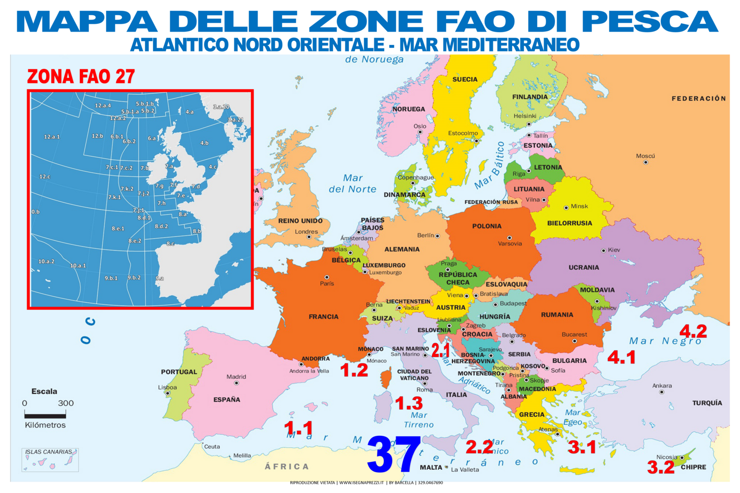 POSTER PESCHERIA&quot;MAPPA ZONE FAO&quot; IN PVC ADESIVO FORMATO 100X70 CM