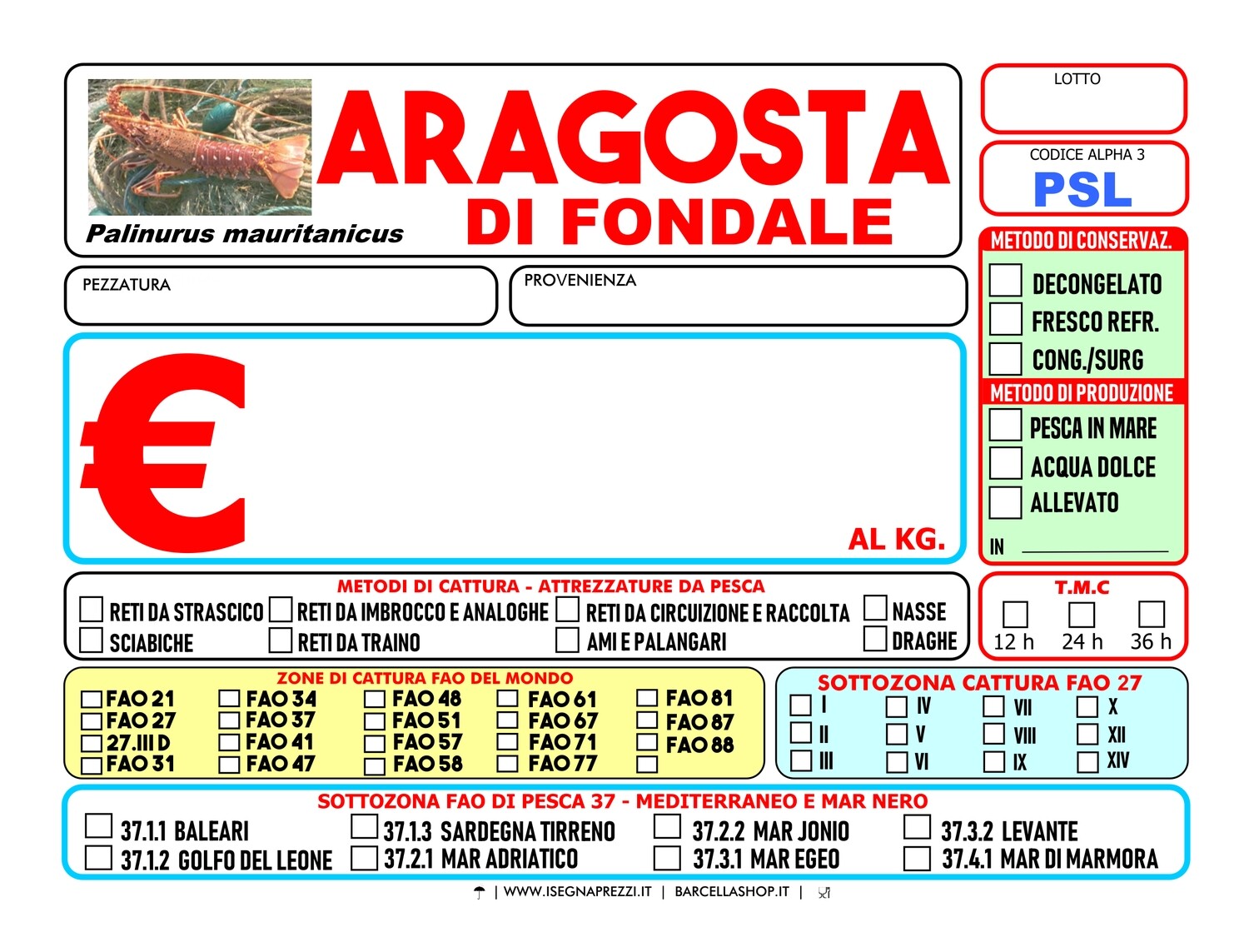 KIT 48 CARTELLINI PESCHERIA ITALIA MERID. PVC FORMATO 7X10